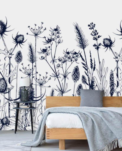 mural de papel de parede de cardo azul e branco chamado Wild Herbs and Flowers para quartos e cozinhas