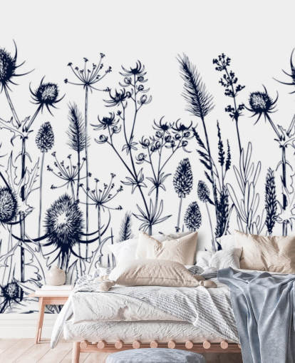 blue and white thistle wallpaper mural called Wild Herbs and Flowers for bedrooms and kitchens