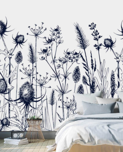 blue and white thistle wallpaper mural called Wild Herbs and Flowers for bedrooms and kitchens
