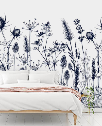 blue and white thistle wallpaper mural called Wild Herbs and Flowers for bedrooms and kitchens blue and white thistle wallpaper mural called Wild Herbs and Flowers for bedrooms and kitchens