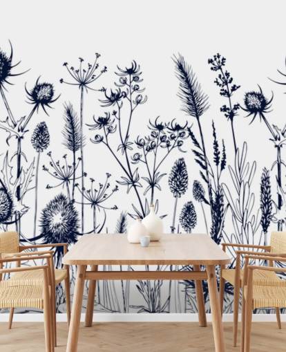 blue and white thistle wallpaper mural called Wild Herbs and Flowers for bedrooms and kitchens