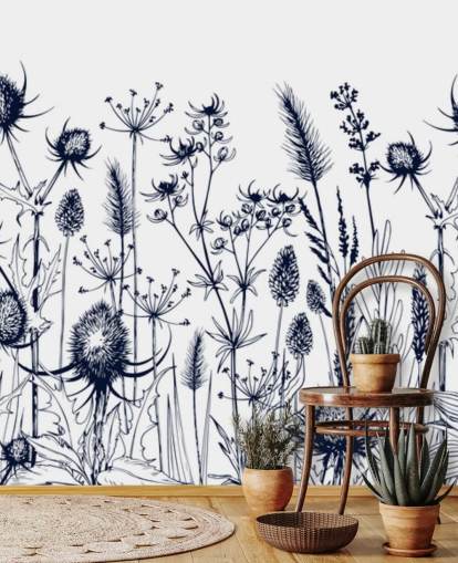 papier peint mural en chardon bleu et blanc appelé Wild Herbs and Flowers pour les chambres et les cuisines