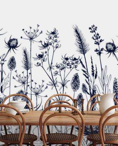 blue and white thistle wallpaper mural called Wild Herbs and Flowers for bedrooms and kitchens
