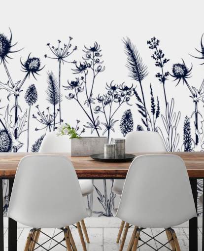 mural de papel de parede de cardo azul e branco chamado Wild Herbs and Flowers para quartos e cozinhas