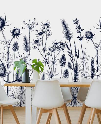 papier peint mural en chardon bleu et blanc appelé Wild Herbs and Flowers pour les chambres et les cuisines