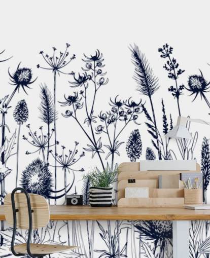 mural de papel pintado de cardo azul y blanco llamado Hierbas y flores silvestres para dormitorios y cocinas mural de papel pintado de cardo azul y blanco llamado Hierbas y flores silvestres para dormitorios y cocinas