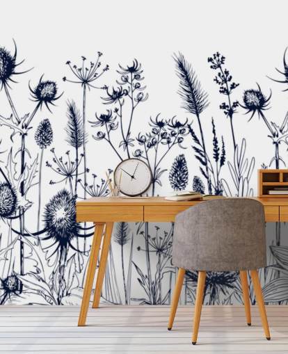 blue and white thistle wallpaper mural called Wild Herbs and Flowers for bedrooms and kitchens blue and white thistle wallpaper mural called Wild Herbs and Flowers for bedrooms and kitchens