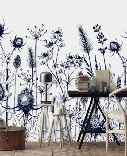 mural de papel de parede de cardo azul e branco chamado Wild Herbs and Flowers para quartos e cozinhas