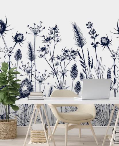 mural de papel pintado de cardo azul y blanco llamado Hierbas y flores silvestres para dormitorios y cocinas mural de papel pintado de cardo azul y blanco llamado Hierbas y flores silvestres para dormitorios y cocinas