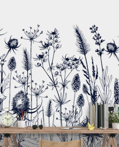 blue and white thistle wallpaper mural called Wild Herbs and Flowers for bedrooms and kitchens blue and white thistle wallpaper mural called Wild Herbs and Flowers for bedrooms and kitchens