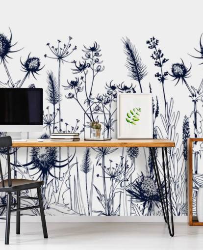 Tapeten-Wandbild mit blauem und weißem Distel namens Wild Herbs and Flowers für Schlafzimmer und Küchen