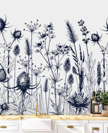 blue and white thistle wallpaper mural called Wild Herbs and Flowers for bedrooms and kitchens