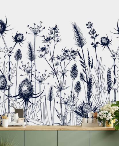 blue and white thistle wallpaper mural called Wild Herbs and Flowers for bedrooms and kitchens