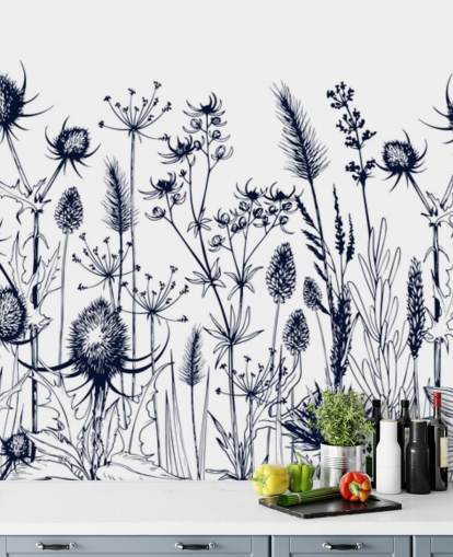 blue and white thistle wallpaper mural called Wild Herbs and Flowers for bedrooms and kitchens blue and white thistle wallpaper mural called Wild Herbs and Flowers for bedrooms and kitchens