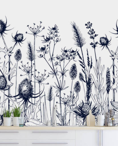 blå och vit tistel tapetväggmålning kallad Wild Herbs and Flowers för sovrum och kök blå och vit tistel tapetväggmålning kallad Wild Herbs and Flowers för sovrum och kök