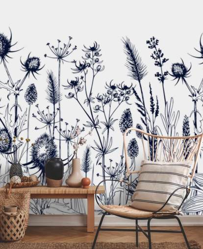 mural de papel pintado de cardo azul y blanco llamado Hierbas y flores silvestres para dormitorios y cocinas