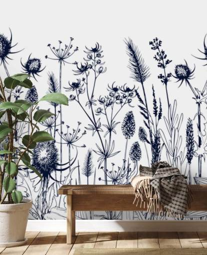 blue and white thistle wallpaper mural called Wild Herbs and Flowers for bedrooms and kitchens