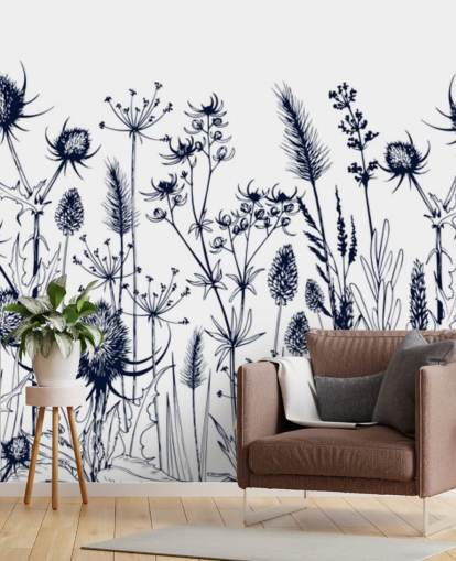 papier peint mural en chardon bleu et blanc appelé Wild Herbs and Flowers pour les chambres et les cuisines