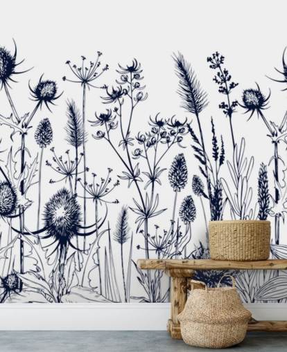 blue and white thistle wallpaper mural called Wild Herbs and Flowers for bedrooms and kitchens