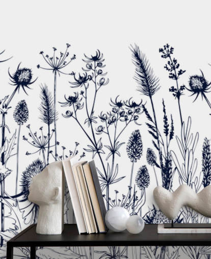 carta da parati murale con cardo blu e bianco chiamato Wild Herbs and Flowers per camere da letto e cucine carta da parati murale con cardo blu e bianco chiamato Wild Herbs and Flowers per camere da letto e cucine