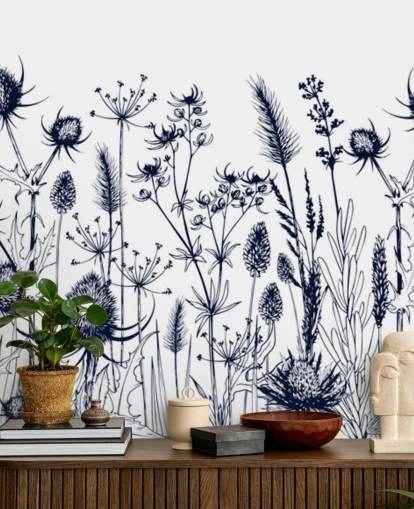 Tapeten-Wandbild mit blauem und weißem Distel namens Wild Herbs and Flowers für Schlafzimmer und Küchen Tapeten-Wandbild mit blauem und weißem Distel namens Wild Herbs and Flowers für Schlafzimmer und Küchen