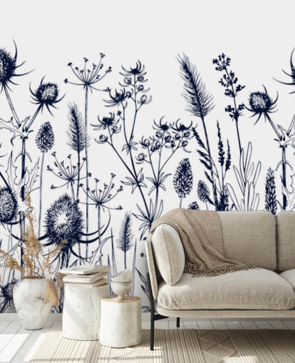 mural de papel pintado de cardo azul y blanco llamado Hierbas y flores silvestres para dormitorios y cocinas