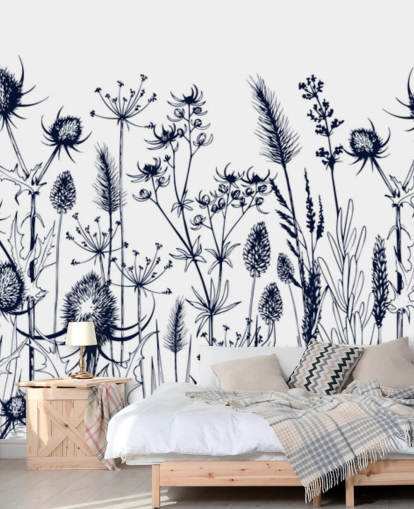 blue and white thistle wallpaper mural called Wild Herbs and Flowers for bedrooms and kitchens