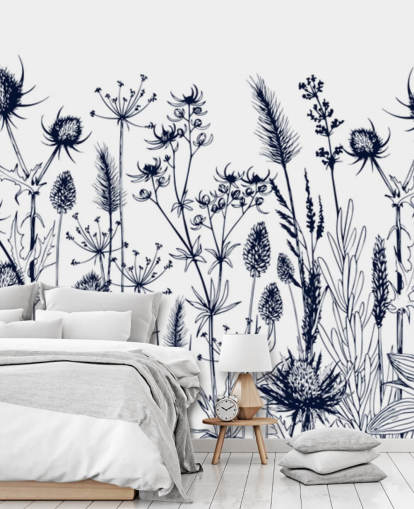 carta da parati murale con cardo blu e bianco chiamato Wild Herbs and Flowers per camere da letto e cucine carta da parati murale con cardo blu e bianco chiamato Wild Herbs and Flowers per camere da letto e cucine