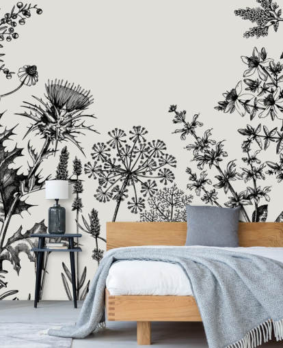 black and white customisable thistle wallpaper mural called Hand-Sketched Herbs and Flowers for bedrooms and living rooms