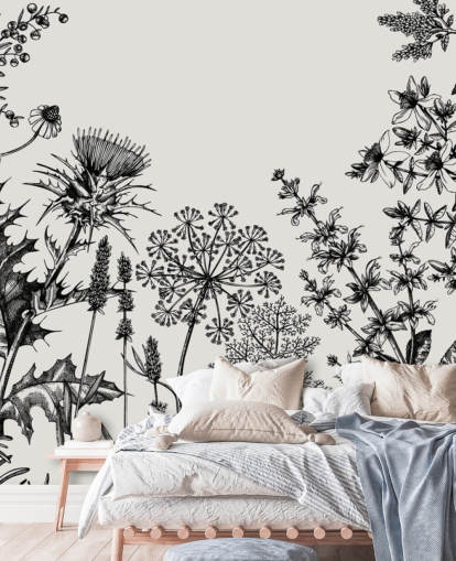 svart-hvitt tilpassbart tistel tapetveggmaleri kalt Hand-Sketched Herbs and Flowers for soverom og stuer