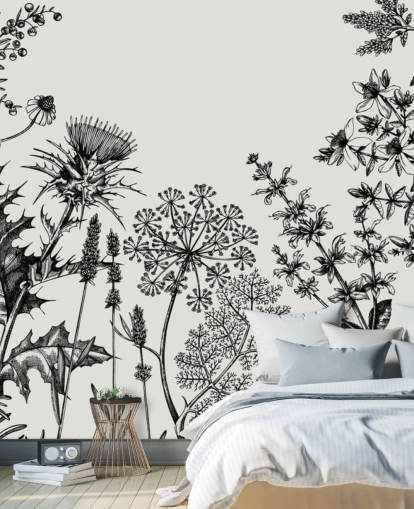 sort/hvidt tilpassbart tistel tapetmaleri kaldet Hand-Sketched Herbs and Flowers til soveværelser og stuer