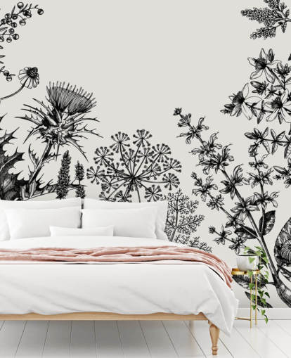 Wandbild Handsketched Herbs and Flowers, individuell gestaltbar, Distel-Tapete in Schwarz und Weiß für Schlafzimmer und Wohnzimmer Wandbild Handsketched Herbs and Flowers, individuell gestaltbar, Distel-Tapete in Schwarz und Weiß für Schlafzimmer und Wohnzimmer
