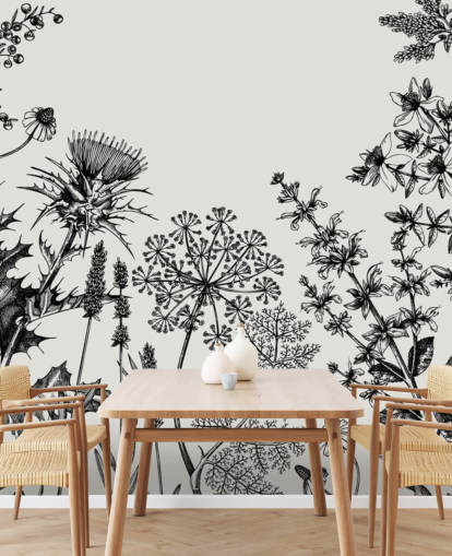 carta da parati murale personalizzabile in bianco e nero con cardo chiamato Hand-Sketched Herbs and Flowers per camere da letto e salotti