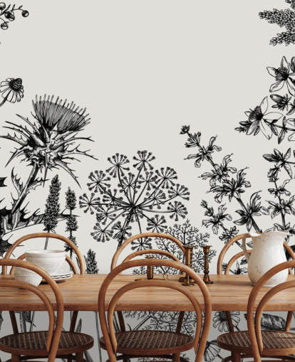mural de papel pintado de cardo personalizable en blanco y negro llamado Hierbas y flores dibujadas a mano para dormitorios y salas de estar
