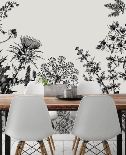 carta da parati murale personalizzabile in bianco e nero con cardo chiamato Hand-Sketched Herbs and Flowers per camere da letto e salotti carta da parati murale personalizzabile in bianco e nero con cardo chiamato Hand-Sketched Herbs and Flowers per camere da letto e salotti