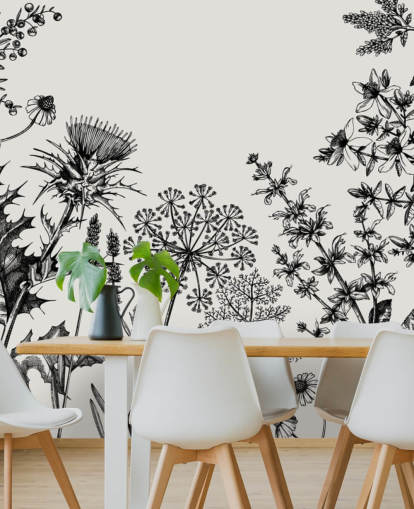 mural de papel pintado de cardo personalizable en blanco y negro llamado Hierbas y flores dibujadas a mano para dormitorios y salas de estar mural de papel pintado de cardo personalizable en blanco y negro llamado Hierbas y flores dibujadas a mano para dormitorios y salas de estar
