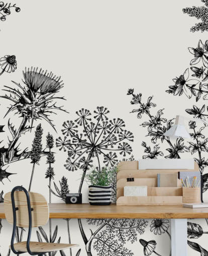 Wandbild Handsketched Herbs and Flowers, individuell gestaltbar, Distel-Tapete in Schwarz und Weiß für Schlafzimmer und Wohnzimmer
