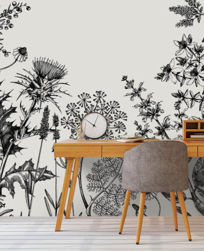 mural de papel pintado de cardo personalizable en blanco y negro llamado Hierbas y flores dibujadas a mano para dormitorios y salas de estar mural de papel pintado de cardo personalizable en blanco y negro llamado Hierbas y flores dibujadas a mano para dormitorios y salas de estar