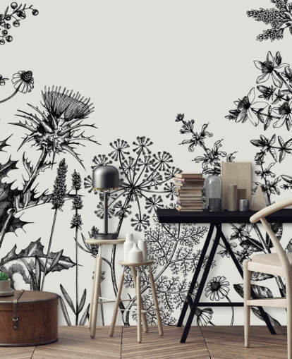 papier peint mural de chardon personnalisable en noir et blanc appelé Hand-Sketched Herbs and Flowers pour les chambres et les salons