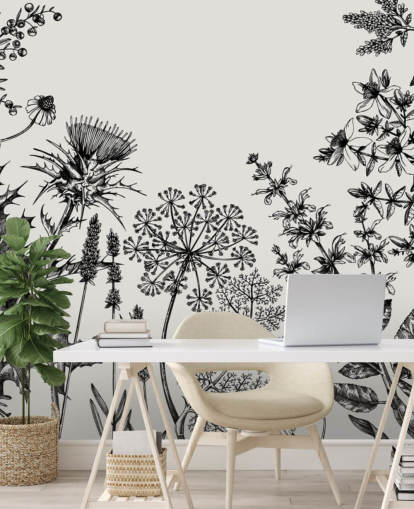 papier peint mural de chardon personnalisable en noir et blanc appelé Hand-Sketched Herbs and Flowers pour les chambres et les salons