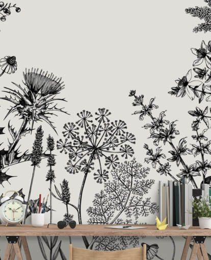 papier peint mural de chardon personnalisable en noir et blanc appelé Hand-Sketched Herbs and Flowers pour les chambres et les salons papier peint mural de chardon personnalisable en noir et blanc appelé Hand-Sketched Herbs and Flowers pour les chambres et les salons