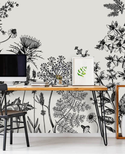 mural de papel pintado de cardo personalizable en blanco y negro llamado Hierbas y flores dibujadas a mano para dormitorios y salas de estar