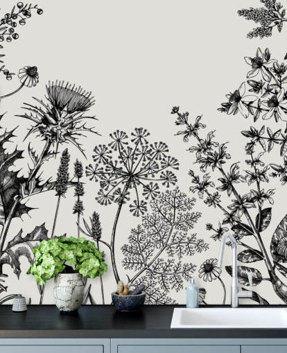 carta da parati murale personalizzabile in bianco e nero con cardo chiamato Hand-Sketched Herbs and Flowers per camere da letto e salotti carta da parati murale personalizzabile in bianco e nero con cardo chiamato Hand-Sketched Herbs and Flowers per camere da letto e salotti