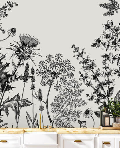 svart-hvitt tilpassbart tistel tapetveggmaleri kalt Hand-Sketched Herbs and Flowers for soverom og stuer