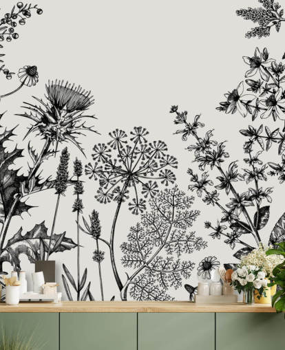 mustavalkoinen muokattava ohdakkeen taustakuvamaalaus nimeltä Hand-Sketched Herbs and Flowers makuuhuoneisiin ja olohuoneisiin