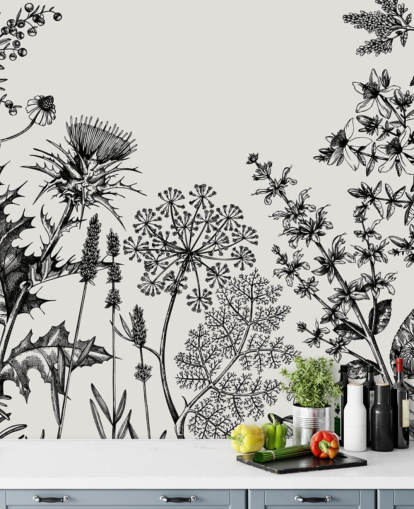 carta da parati murale personalizzabile in bianco e nero con cardo chiamato Hand-Sketched Herbs and Flowers per camere da letto e salotti
