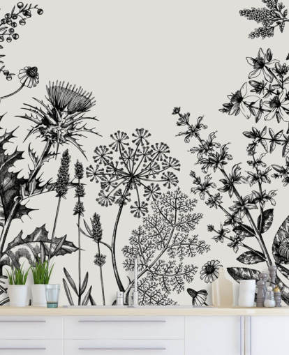 svart-hvitt tilpassbart tistel tapetveggmaleri kalt Hand-Sketched Herbs and Flowers for soverom og stuer svart-hvitt tilpassbart tistel tapetveggmaleri kalt Hand-Sketched Herbs and Flowers for soverom og stuer