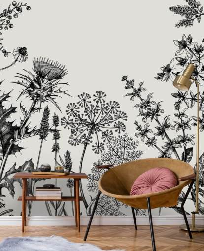 carta da parati murale personalizzabile in bianco e nero con cardo chiamato Hand-Sketched Herbs and Flowers per camere da letto e salotti