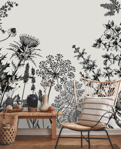mural de papel pintado de cardo personalizable en blanco y negro llamado Hierbas y flores dibujadas a mano para dormitorios y salas de estar
