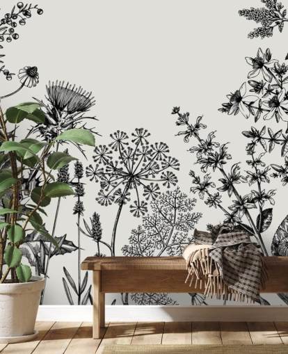 mural de papel pintado de cardo personalizable en blanco y negro llamado Hierbas y flores dibujadas a mano para dormitorios y salas de estar mural de papel pintado de cardo personalizable en blanco y negro llamado Hierbas y flores dibujadas a mano para dormitorios y salas de estar